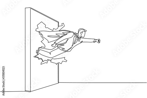 Continuous one line drawing super businessman punches and breaks the wall. Flying man breaks the wall. Business concept power, success and overcome difficulties. Single line draw design vector graphic