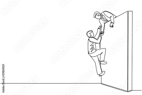 Continuous one line drawing businessman helping another businessman climb wall. Confident successful leading businessman helping another one to get over brick wall. Single line draw design vector