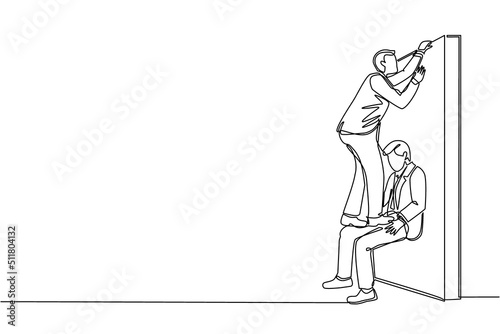 Single one line drawing businessman helping to lift another businessman over brick wall. Help, assistance and team concept. Business metaphor. Continuous line draw design graphic vector illustration