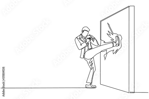Single continuous line drawing businessman doing kung fu or karate kick to destroy the brick wall. Business concept of obstacle and solution. Obstruction ruined with force. One line draw design vector