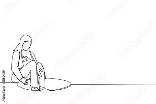 Single one line drawing Arabian businesswoman descends into the hole. Failure to take advantage of business opportunities. Depressed and business failure concept. Continuous line draw design vector