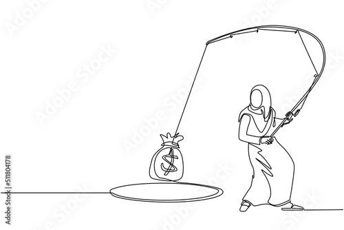Single continuous line drawing Arabian businesswoman holding fishing rod got big money bag from hole. Woman catching money bag with fishing rod. Business concept. One line draw graphic design vector