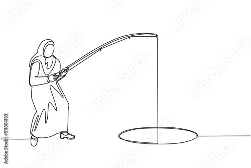 Single one line drawing Arabian businesswoman holding fishing rod from hole. Woman fishing with rod. Business investment concept. Make money from idea. Continuous line draw design vector illustration