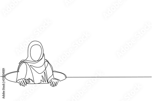 Single one line drawing Arab businesswoman emerges from hole. Concept of failure to take advantage of business opportunities. Depressed and business failure. Continuous line draw design graphic vector