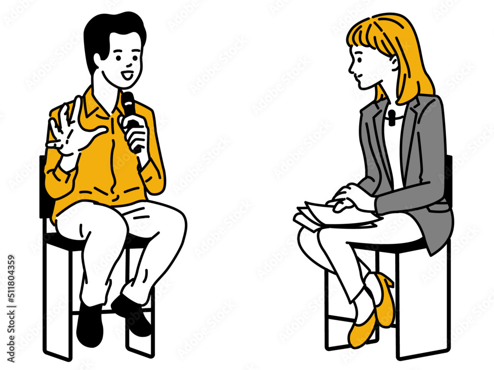 Cute character illustration of talk show conventions with woman as journalist or interviewer, and man guest, holding microphone doing public speaking. outline, linear, thin line art, simple style. Cute character illustration of talk show conventions with woman as journalist or interviewer, and man guest, holding microphone doing public speaking. outline, linear, thin line art, simple style.