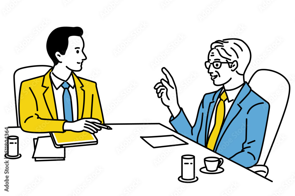 Senior businessman or manager giving advice briefing, or interview to young office worker. Outline, linear, thin line art, hand drawn sketch design, simple style. Senior businessman or manager giving advice briefing, or interview to young office worker. Outline, linear, thin line art, hand drawn sketch design, simple style.