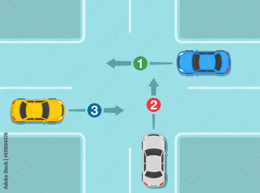 Safe car driving tips and traffic regulation rules. Cars on cross