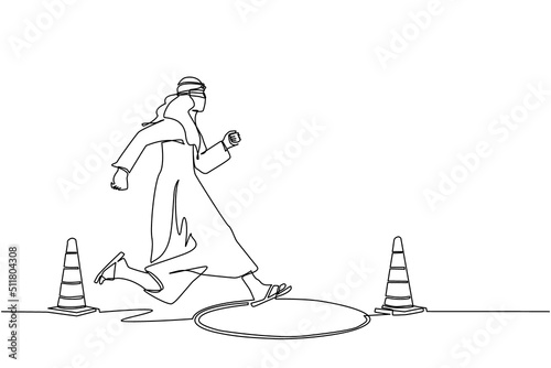 Single one line drawing blindfolded Arabian businessman running to find money with pit hole. Man runs to business trap. Blind investment concept. Metaphor. Continuous line draw design graphic vector