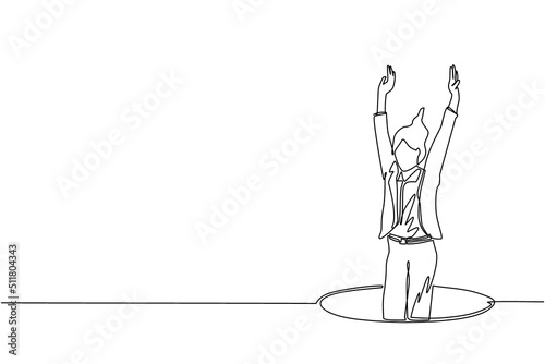 Single one line drawing businesswoman fell into manhole underground sewer. Woman fell sewer hatch. Depressed and business failure concept. Metaphor. Defeat. Continuous line draw design graphic vector