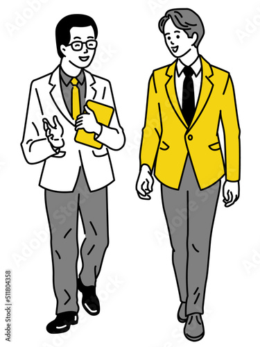 Cute character illustration of two young businessman walking together forward, chatting and discussing. Business concept in partnership, colleagues, corporation. Outline, linear, thin line art.  