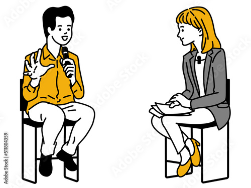 Cute character illustration of talk show conventions with woman as journalist or interviewer, and man guest, holding microphone doing public speaking. outline, linear, thin line art, simple style.