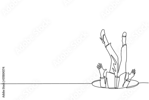 Single one line drawing businesswoman falling into pit hole. Legs up. Logo protruding legs from the hatch, puddles. Metaphor. Failure. Defeat. Continuous line draw design graphic vector illustration