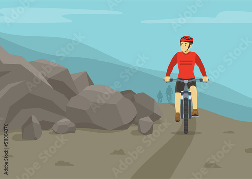 Riding a bicycle on a grades and hills. Mountain biking. Front view of a cyclists on a hill. Flat vector illustration template.