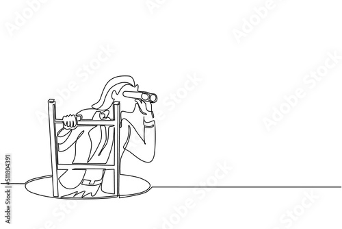 Continuous one line drawing businesswoman climbs out of the hole by ladder and using binocular. Business vision and solution concept. Symbol of challenge. Single line draw design vector illustration
