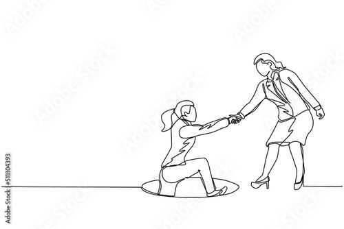 Continuous one line drawing businesswoman helping her friend by take her out from hole. Two women one of whom helps another. Business struggles. Single line draw design vector graphic illustration