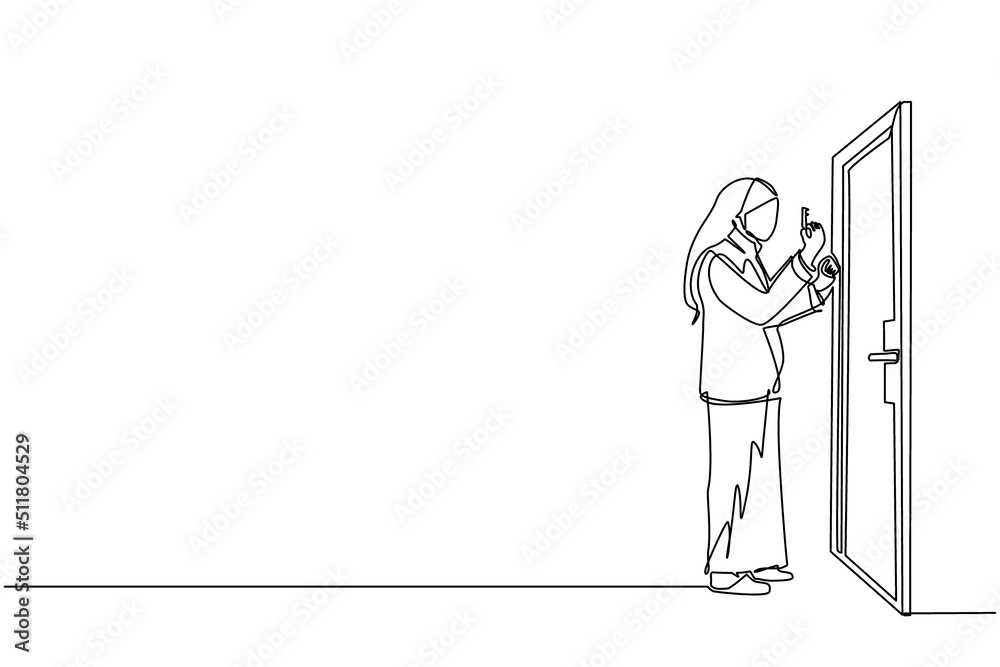 Single one line drawing Arabian businesswoman lifts key in front of door. Woman holding key to open office room door. Starting morning with spirit to work. Continuous line draw design graphic vector Single one line drawing Arabian businesswoman lifts key in front of door. Woman holding key to open office room door. Starting morning with spirit to work. Continuous line draw design graphic vector