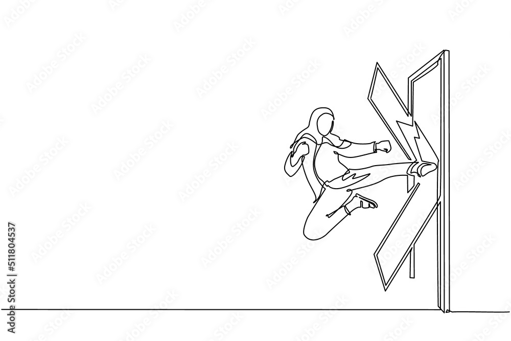 Obraz premium Single continuous line drawing Arab businesswoman kicks the door with flying kick until door shattered. Woman kicking locked door. Business concept of overcoming obstacles. One line draw design vector
