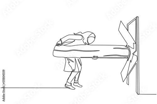 Single one line drawing Arabic businesswoman holding large log and destroying door. Overcome challenges, and destroying obstacles with power and brute force. Continuous line draw design graphic vector