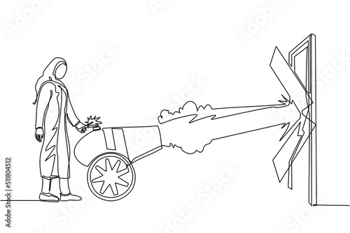 Single continuous line drawing Arab businesswoman ignites cannon in front of door and destroying door. Eliminating barrier of entries, destroying obstacle with brute force. One line draw design vector