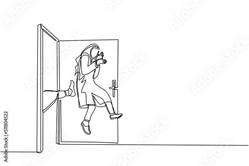 Single continuous line drawing Arabian businesswoman get kicked out of door. Dismissed from her job. Unemployment business concept. Boss kicks unnecessary employee. One line draw graphic design vector