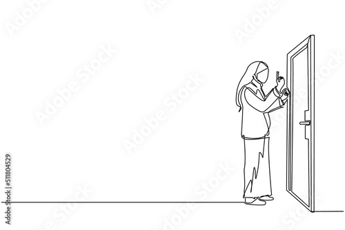 Single one line drawing Arabian businesswoman lifts key in front of door. Woman holding key to open office room door. Starting morning with spirit to work. Continuous line draw design graphic vector