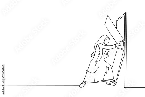 Single continuous line drawing Arab businesswoman punching and destroying door. Eliminating barrier of entries, overcome challenges, destroying obstacles with power force. One line draw design vector