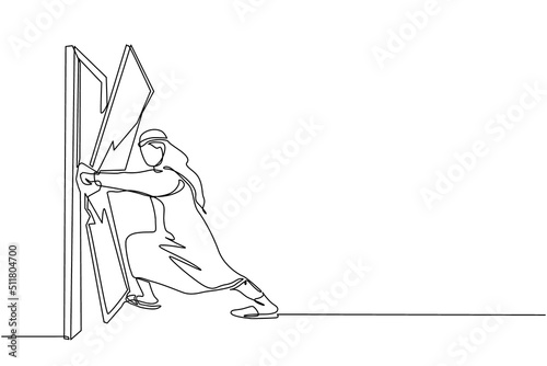 Continuous one line drawing Arabian businessman punching and destroying door. Eliminating barrier of entries, overcome challenges, destroying obstacles with power force. Single line draw design vector