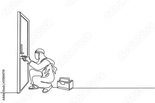 Continuous one line drawing Arabian businessman prying doorknob with screwdriver. Man repair broken handle door knob with handyman tool in tool box. Business concept. Single line draw design vector