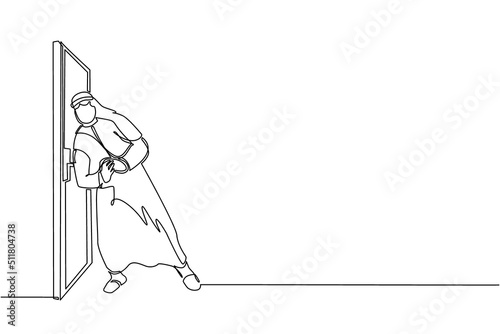 Continuous one line drawing Arabian businessman running wants to break down the door. Business struggle. Strength for success. Opening closed doors. Single line draw design vector graphic illustration