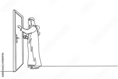 Single continuous line drawing Arab businessman knocking at door. Man standing at entrance of room knocking door. Male in traditional clothes is knocking at door. One line draw graphic design vector