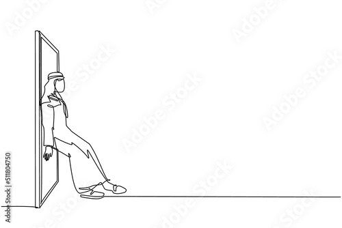 Single continuous line drawing Arabian businessman pushing door with his back. Business struggles. Strength for success. Business concept of overcoming obstacles. One line draw graphic design vector