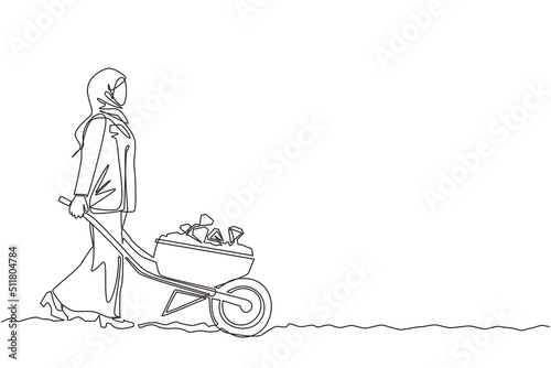 Single one line drawing Arabian businesswoman in hijab pushing cart full of diamonds. Wheelbarrow with golds, jewelry, precious stone. Business and finance concept. Continuous line draw design vector