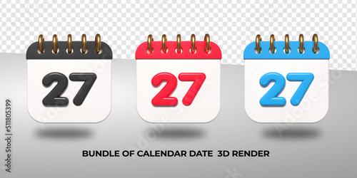 3d transparent calendar date 27 for meeting schedule, event schedule, vacation, work, school color black, red, blue