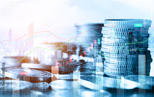 Finance and money technology background concept of business prosperity and asset management . Creative graphic show economy and financial growth by investment in valuable asset to gain wealth profit . photo