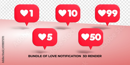 3D render notification like unlike for social media red color, transparent, PNG