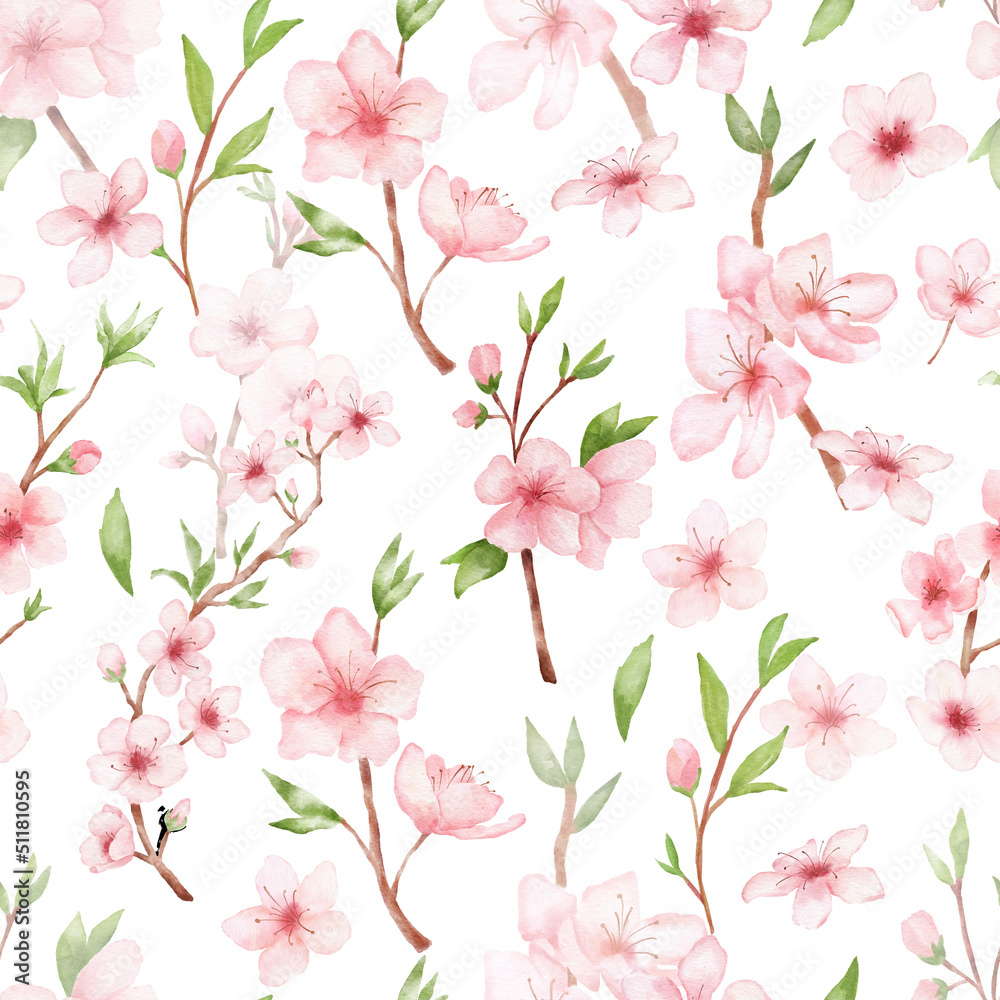 Branch of Cherry blossom watercolor seamless pattern on white backgraund. Japanese flowers. Floral background Branch of Cherry blossom watercolor seamless pattern on white backgraund. Japanese flowers. Floral background