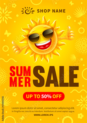 Seasonal Summer Sale poster or flyer template. Advertising design. Invitation for shopping with 50 percent off. Cheerful sun, which shows thumb up, on yellow sunny background. Vector illustration. 