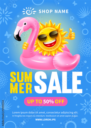 Advertising of summer sale and discount. Design template with lettering, fun sun character swims in inflatable pink flamingo on blue background with abstract pattern. Vector illustration
