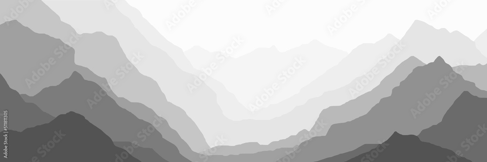 Black and white mountain landscape, ridges in the fog, panoramic view