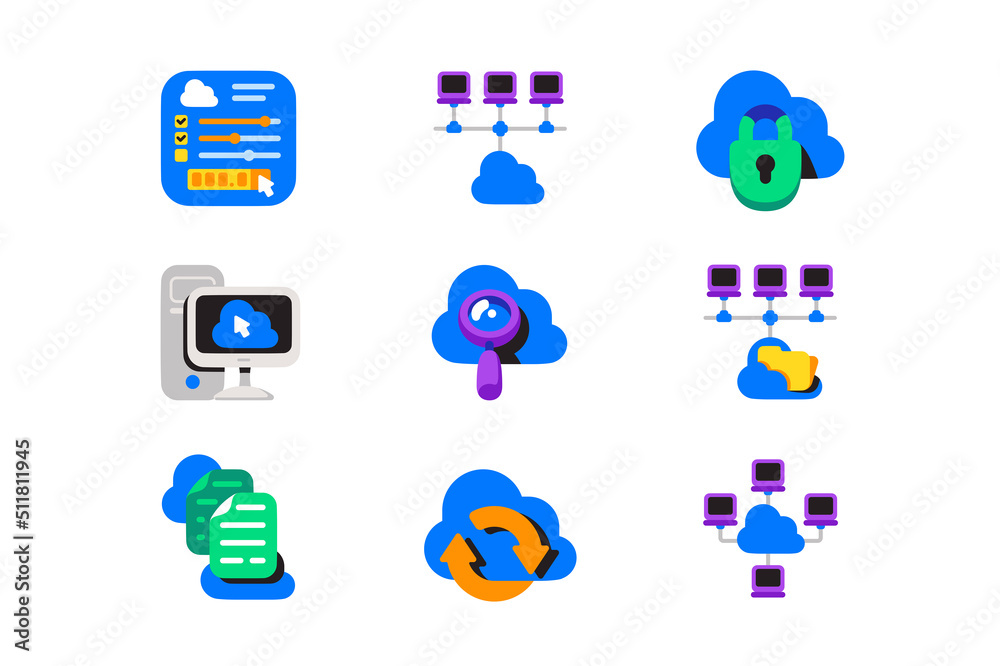Cloud network server icon set, computer technology Cloud network server icon set, computer technology