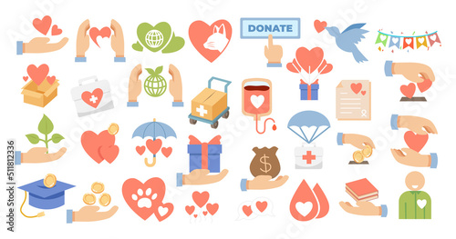 Hand drawn set of Donation Funds icons Elements. Vector illustration set Humanitarian support, social service alturism volunteer with alms, coin, wallet, money.