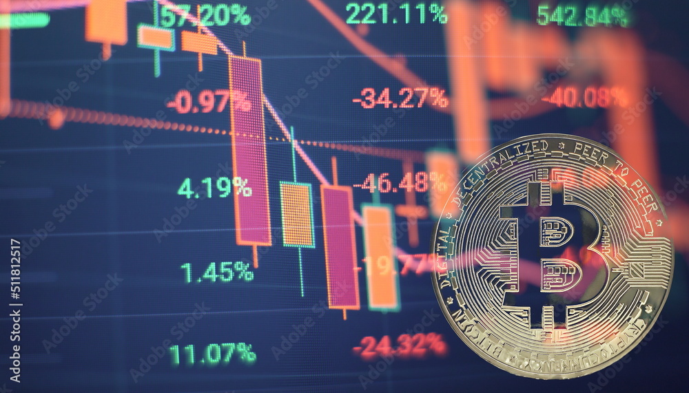 Bitcoin price crash in front of a red abstract virtual background ...