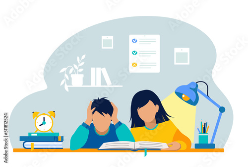 Students, pupils in learning process, abstract flat vector illustration. Students sit at the table and study, do homework and read a book, prepare for the exam.