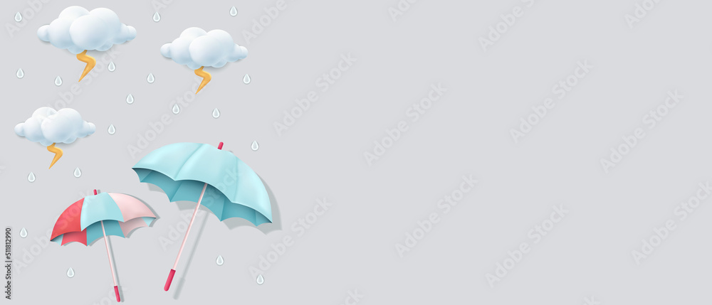 umbrellas, clouds, and thunder 3d illustration for monsoon season background with copy space area - obrazy, fototapety, plakaty 