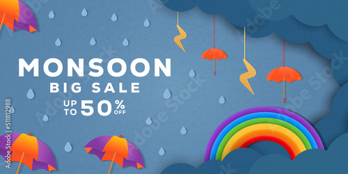 monsoon season sale banner poster promotion in paper cut art