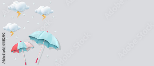 umbrellas, clouds, and thunder 3d illustration for monsoon season background with copy space area photo