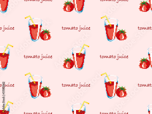 Tomato juice cartoon character seamless pattern on pink background. Pixel style