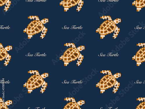 Turtle cartoon character seamless pattern on blue background. Pixel style