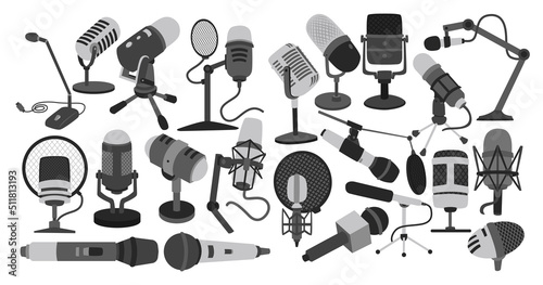 Retro Vintage Set of Podcast Equipments or tools Elements, groovy bundle. Vintage Objects Sticker Label in 70s, 80s, 90s style. Flat illustration with microphones, mixer, headphone and speaker