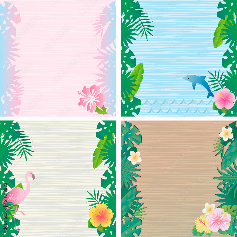 フレーム 夏 木目 花 植物 南国 トラベル 旅行 トロピカル 背景 イラスト素材セット Stock ベクター Adobe Stock